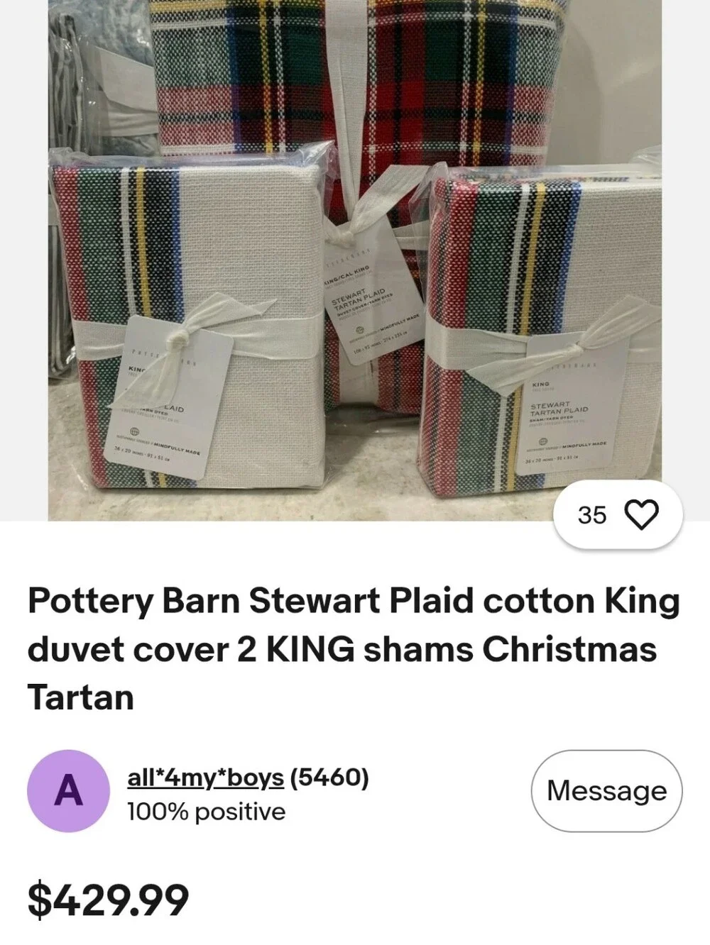 Pottery Barn Cal King Stewart Plaid 100% Cotton Duvet Cover And 2 Shams